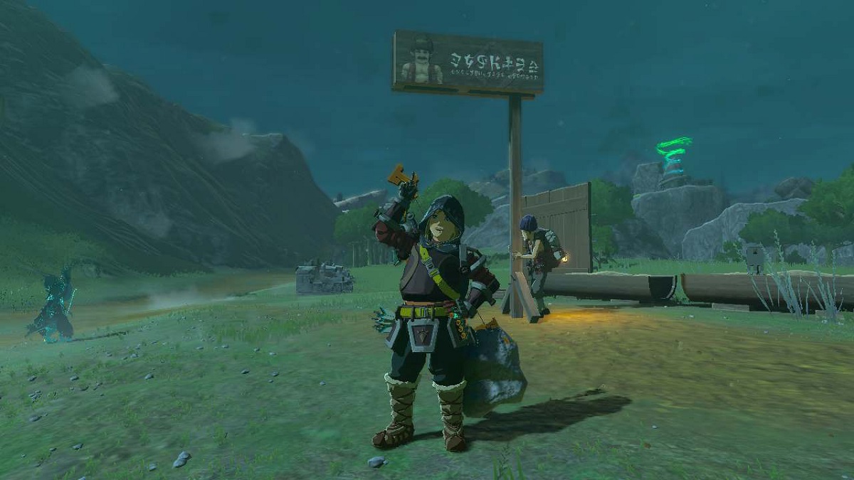 Link pointing to a Hudson Sign being held up by Addison in Tears of the Kingdom (TOTK)