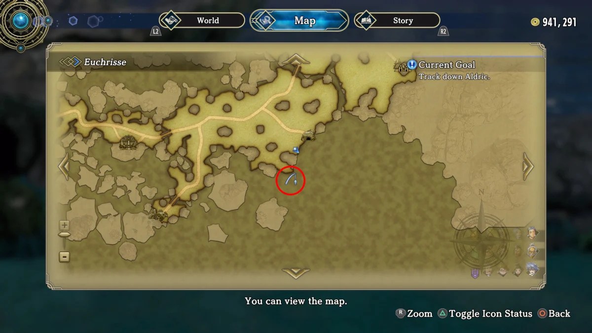 An Eiyuden Chronicle: Hundred Heroes screenshot of the map, with the best location to find Wheel-Eye Bream circled in red.