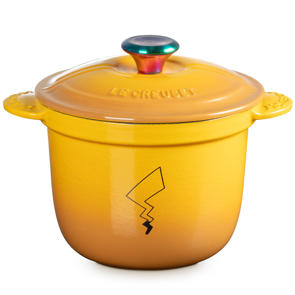 A photograph of a yellow cocotte with Pikachu's tail printed onto the side.