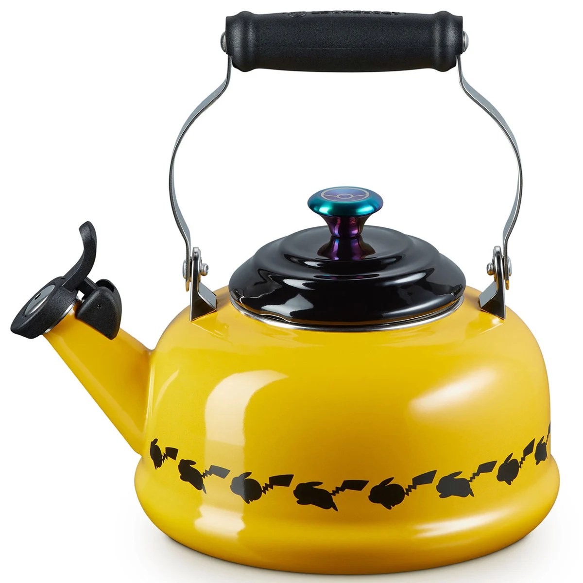 A photograph of a yellow and black tea kettle with silhouettes of a running Pikachu across the side.