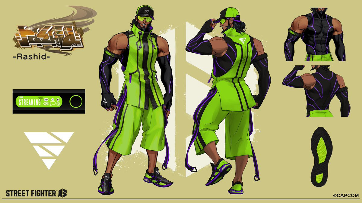 Concept illustrations of Rashid in his Street Fighter 6 Outfit 3.