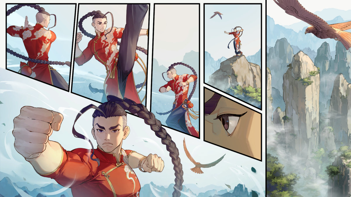 A Street Fighter 6 comic-style illustration of Jamie training.