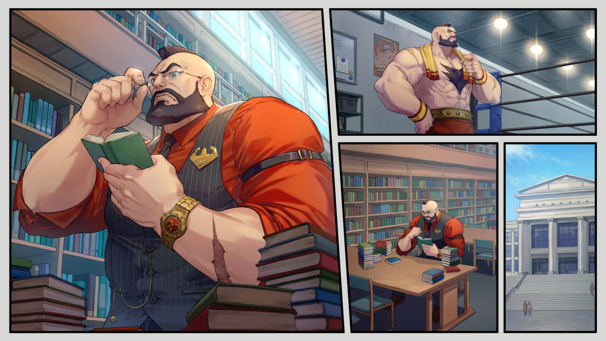 A Street Fighter 6 comic-style illustration of Zangief reading between wrestling practice.